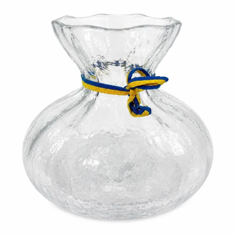 Vintage Clear Textured Art Glass Vase Pinched Rim Blue Gold Cord 6 Inch Decor